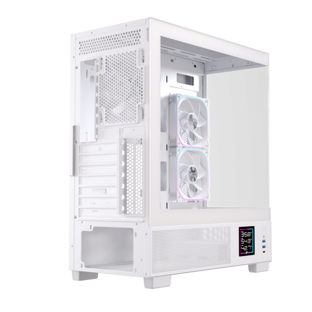 Gabinete Gamer EINAREX S501D RGB Version White - Chasis de PC, Panel Lateral de Vidrio Templado, Sistema de Iluminación RGB, Diseño de Alto Flujo de Aire, Color Blanco (EXCS-S501D-R-W)