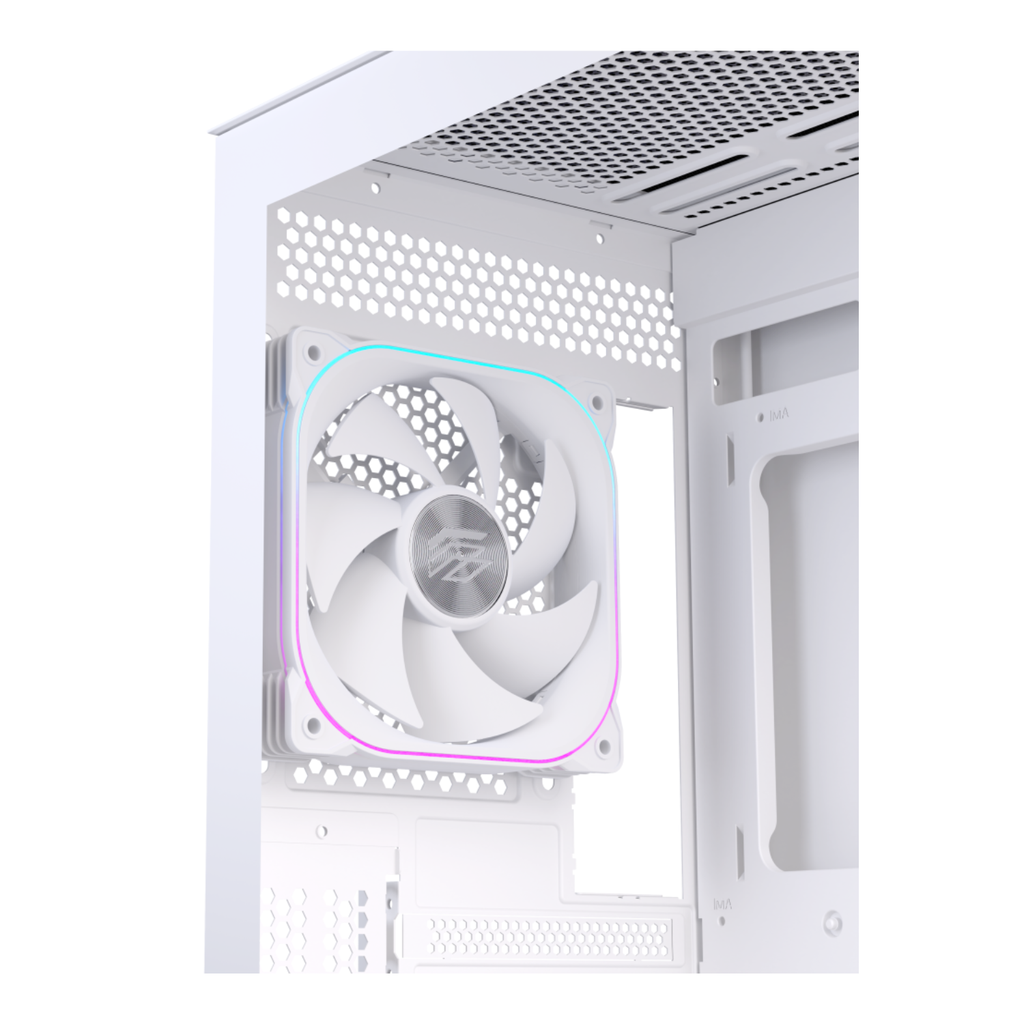 Gabinete Gamer EINAREX S501D RGB Version White - Chasis de PC, Panel Lateral de Vidrio Templado, Sistema de Iluminación RGB, Diseño de Alto Flujo de Aire, Color Blanco (EXCS-S501D-R-W)