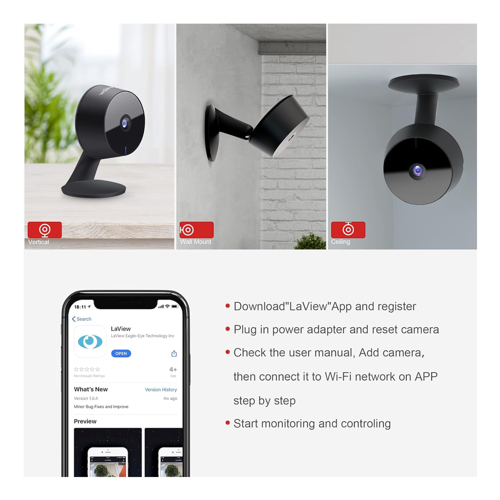 LaView Security Cameras 4pcs, Home Security Camera Indoor 1080P, Wi-Fi Cameras Wired for Pet, Motion Detection, Two-Way Audio, Night Vision, Phone App, Works with Alexa, iOS & Android & Web Access