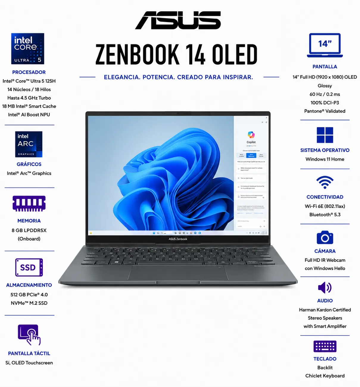 Laptop Asus ZenBook Q415MA-U5512 - Pantalla 14" OLED Touchscreen Procesador Intel Core Ultra 5 125H con 512GB SSD y 8GB RAM