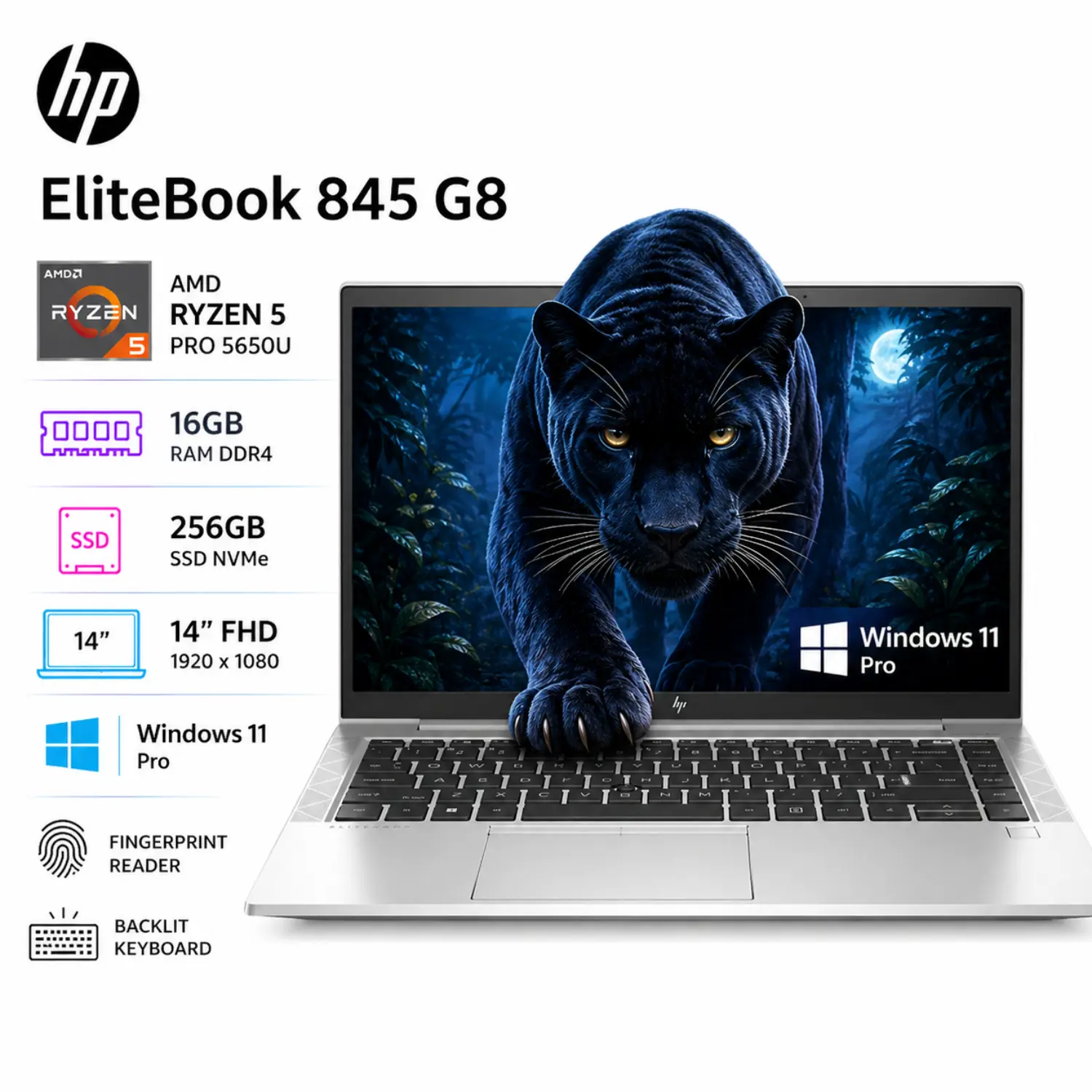 Laptop HP EliteBook 845 G8 (Reacondicionada) - Ryzen 5 PRO, 16GB RAM, 256GB SSD, 14" FHD, Windows 11 Pro, Pike Silver