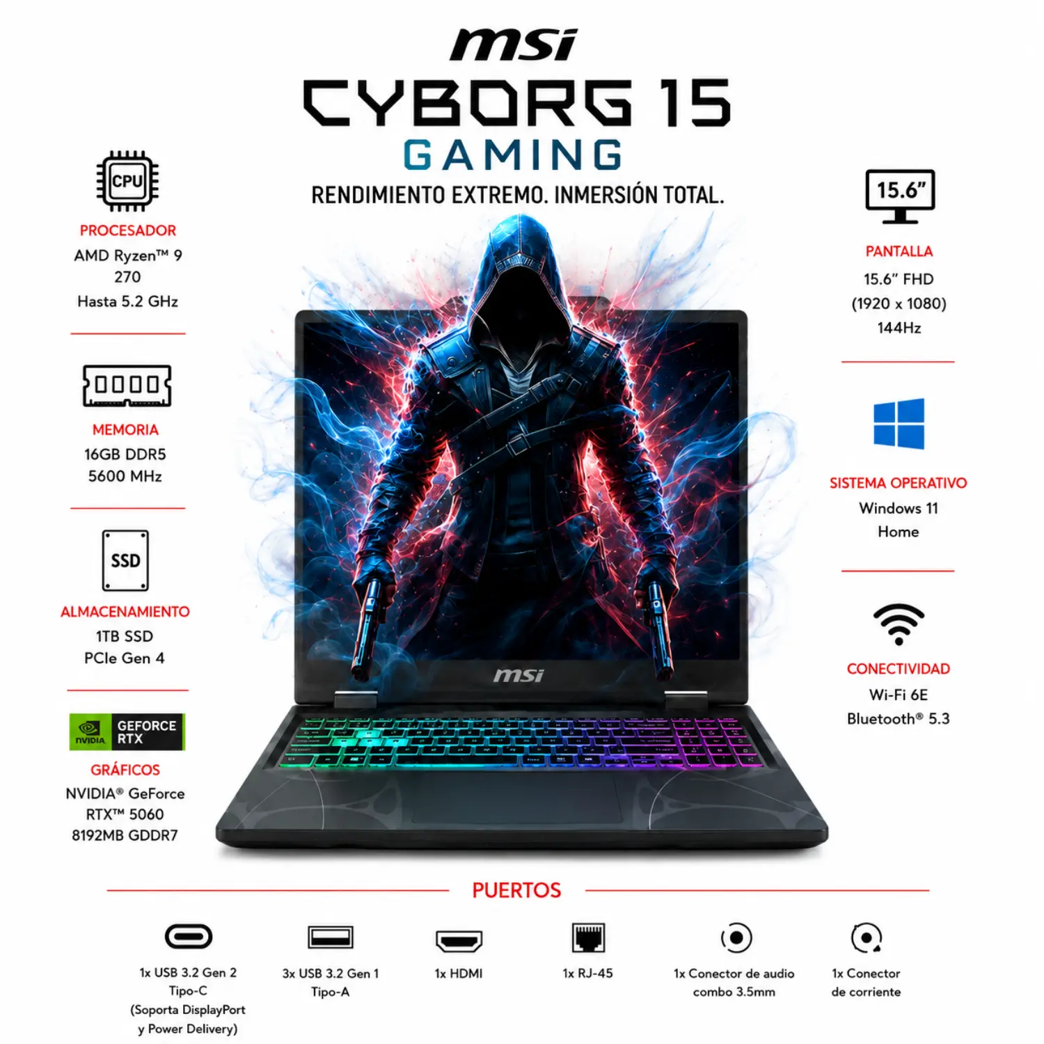 Laptop Gamer MSI Cyborg A15 AI Ryzen 9 16GB RAM 1TB SSD RTX 5060 8GB FHD 144Hz Windows 11