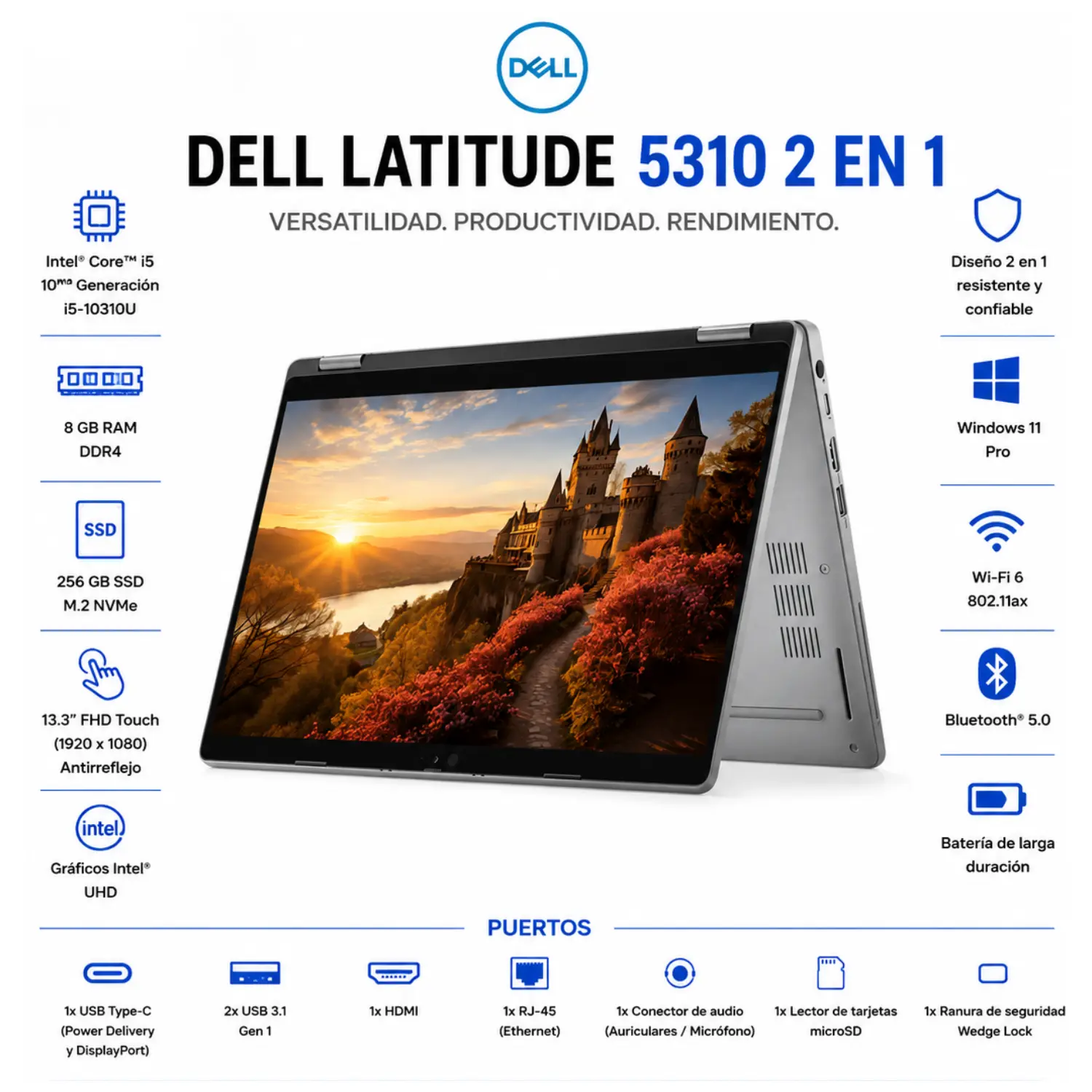 Laptop Dell Latitude 5310 2 en 1 Touch 13.3 FHD Intel Core i5 8GB RAM 256GB SSD Windows 11