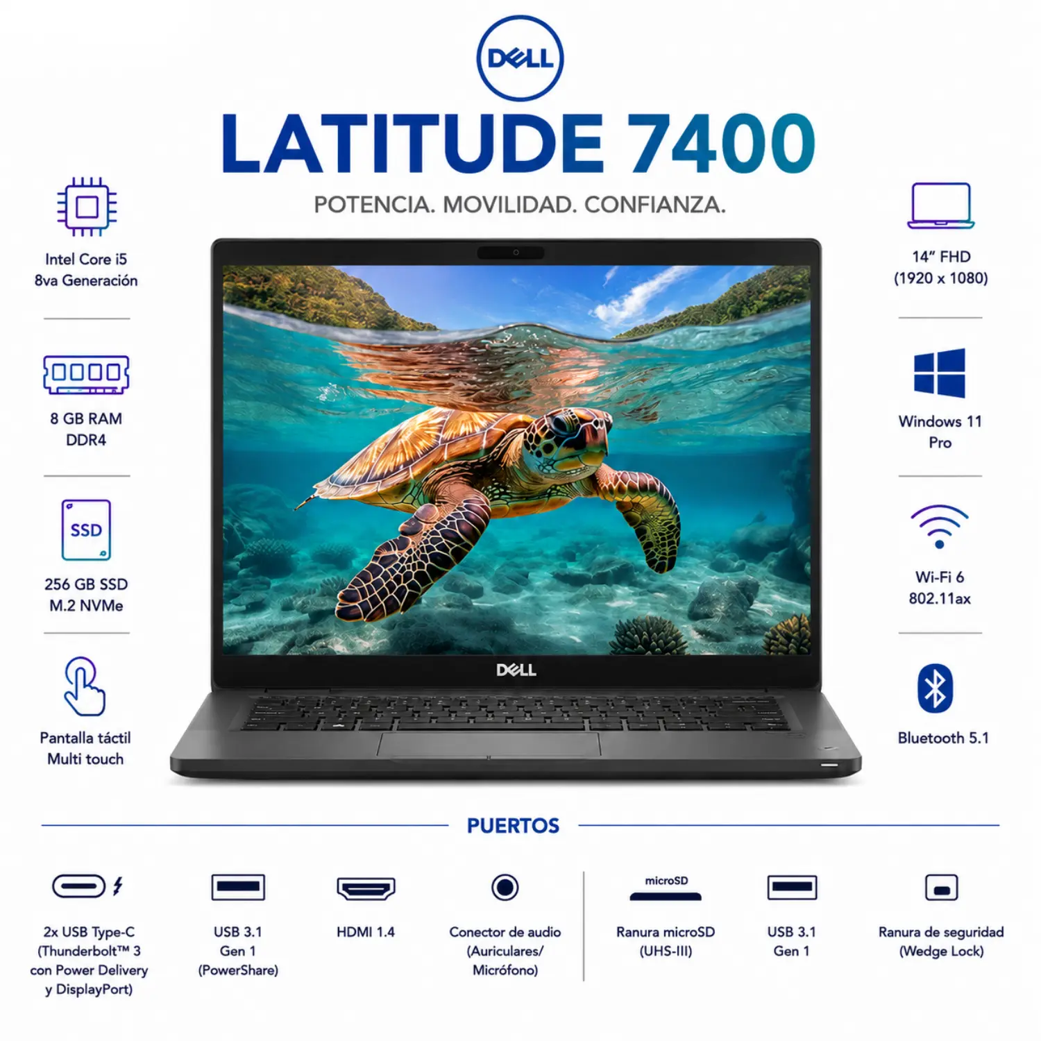Dell Latitude 7400 14" FHD Intel Core i5 8GB RAM 256GB SSD Windows 11 (Reacondicionado) 