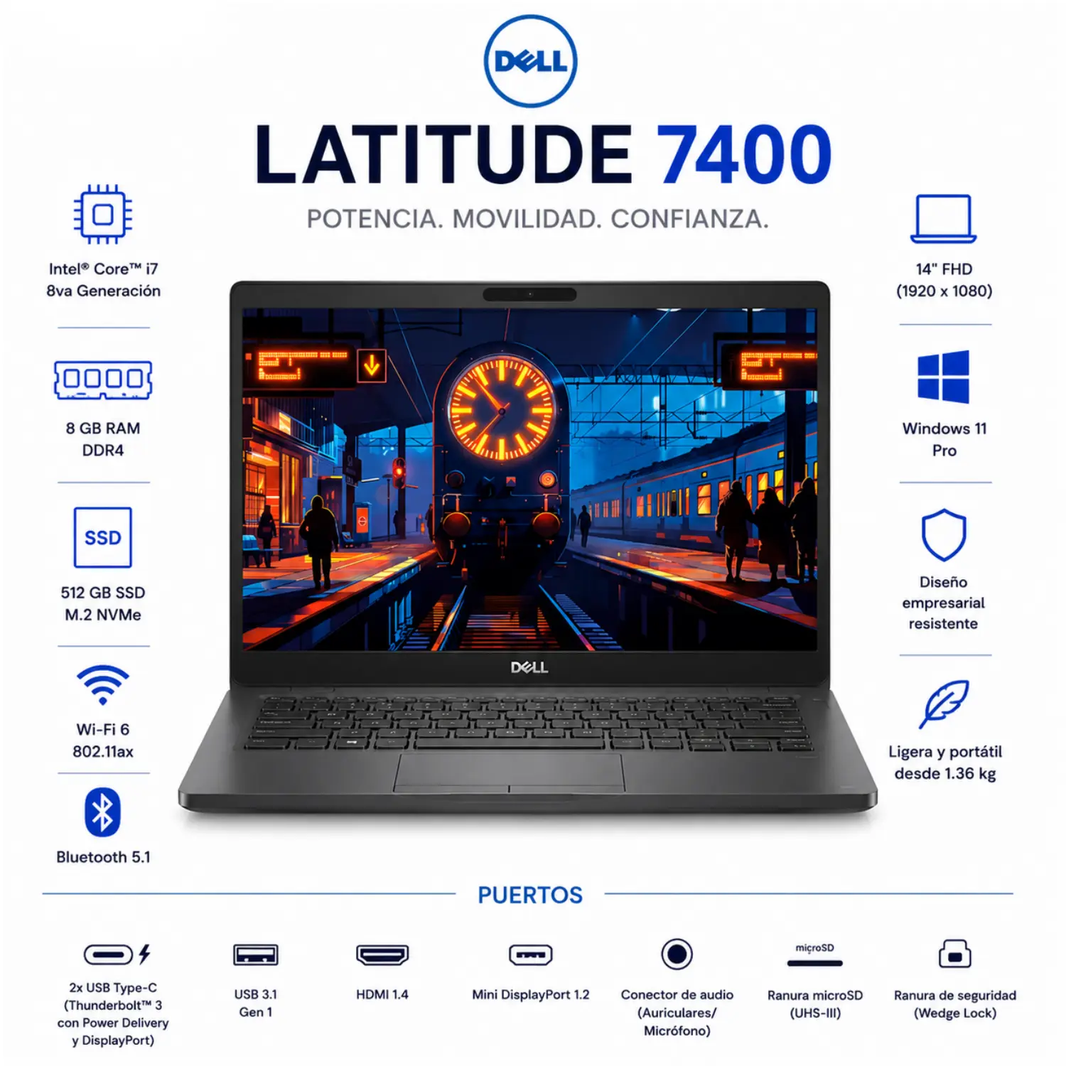 Dell Latitude 7400 14" FHD Intel Core i7 8GB RAM 512GB SSD Windows 11 (Reacondicionado) 