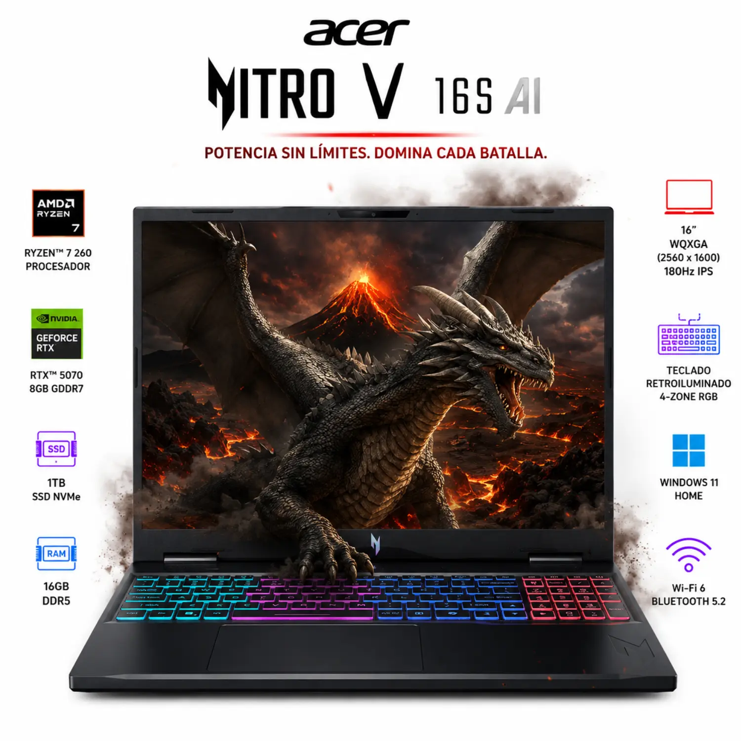 Acer Nitro V 16S AI Gaming Ryzen 7 16GB RAM 1TB SSD RTX 5070 16" 180Hz Win11
