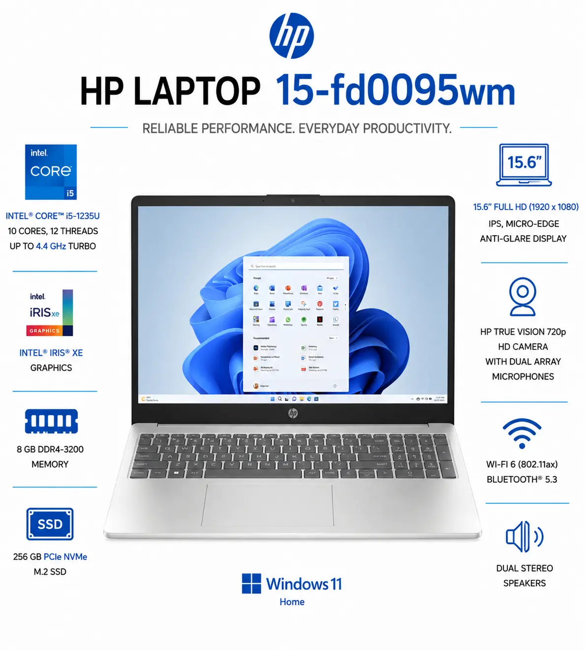 [A2BZ9UA#ABA/NEW] HP 15-fd0095 - 15.6" FHD - Intel Core i5-1235U - 8GB RAM - 256GB SSD - Windows 11 - Silver