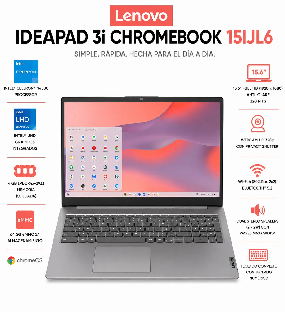 [82N4004NUS/NEW] Lenovo - IdeaPad 3i Chromebook 15.6" Full HD Laptop - Intel Celeron 2021 - 4GB Memory with 64GB eMMC Storage - Arctic Grey
