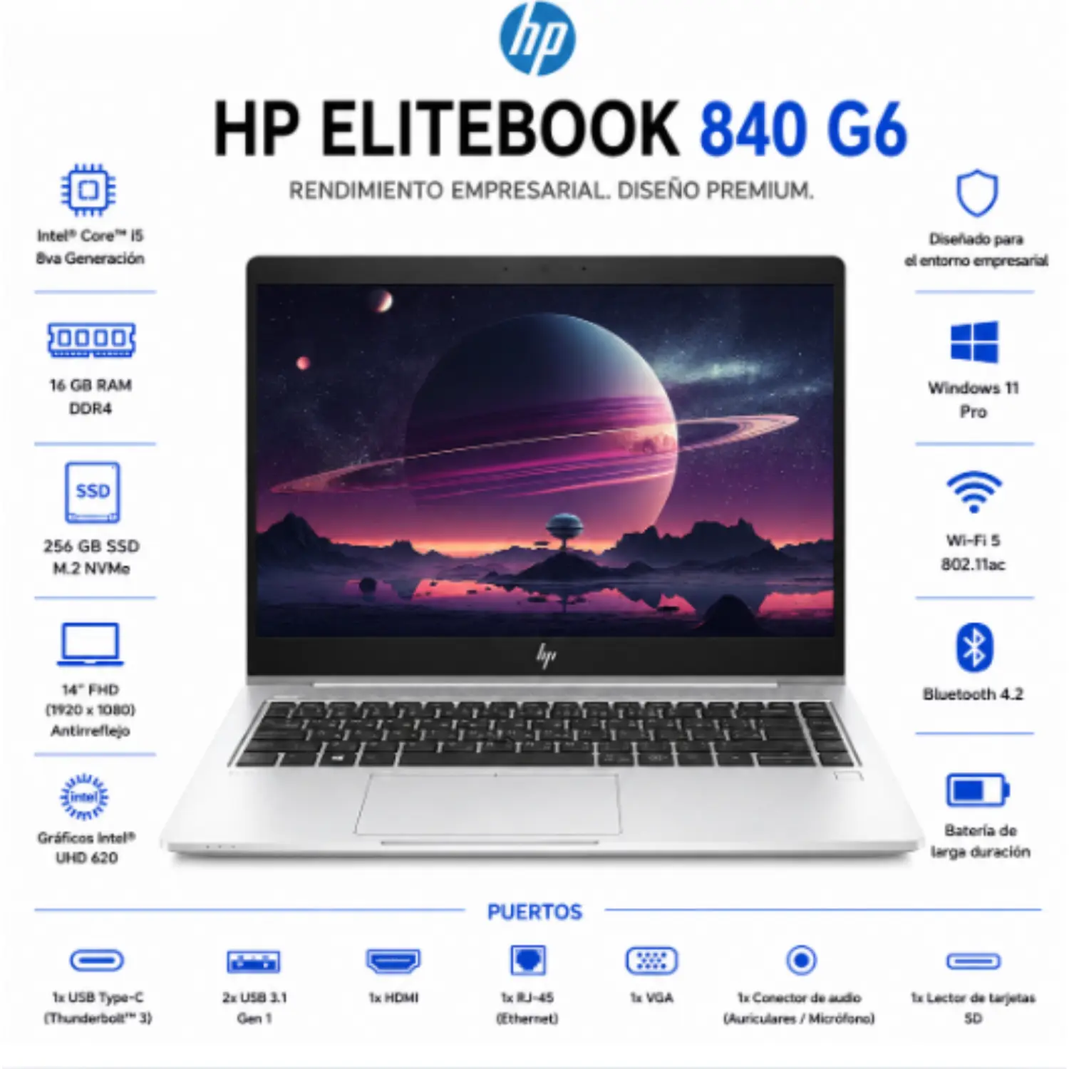 [840G6-I5-16-256/RFB] HP EliteBook 840 G6 14" FHD Intel Core i5 16GB RAM 256GB SSD (Reacondicionado) 