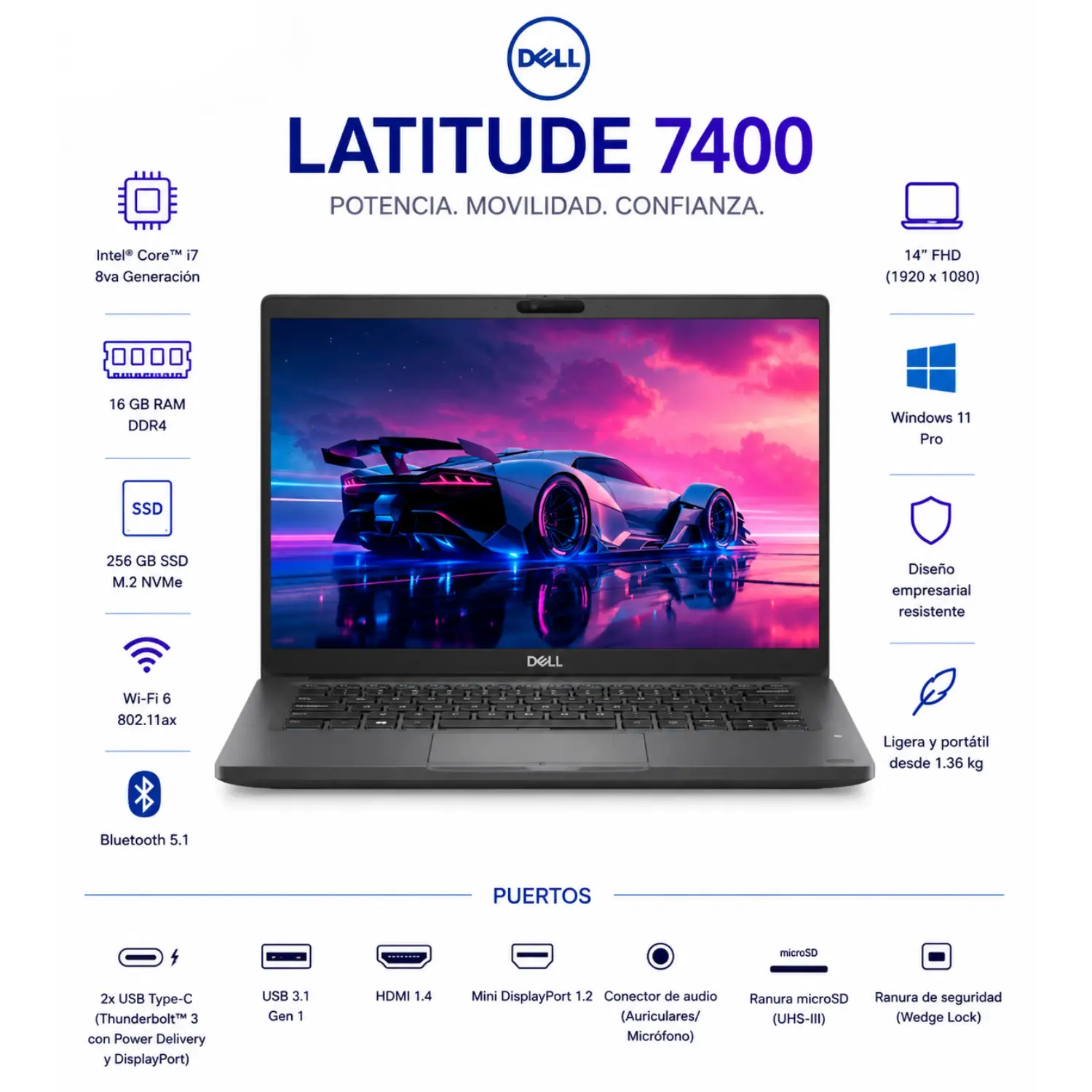 [DE7400-I7-8TH-16-256-A/RFB] Dell Latitude 7400 14" FHD Intel Core i7 16GB RAM 256GB SSD Windows 11