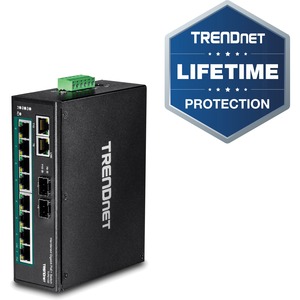 [TI-PG102/NEW] TRENDnet 10-Port Industrial Gigabit PoE+ DIN-Rail Switch, 8 x Gigabit PoE+ Ports, DIN-Rail Mount, 2 x SFP Slots, 240W PoE Power Budget, Network Switch, IP30, QoS, Lifetime Protection, Black, TI-PG102