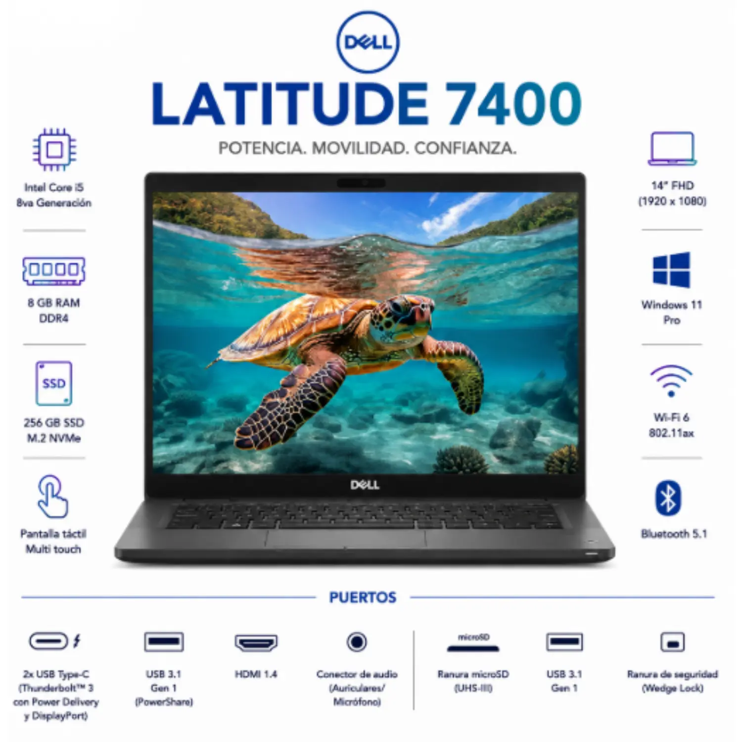 [DE7400-I5-8-256-FHD/RFB] Dell Latitude 7400 14" FHD Intel Core i5 8GB RAM 256GB SSD Windows 11 (Reacondicionado) 