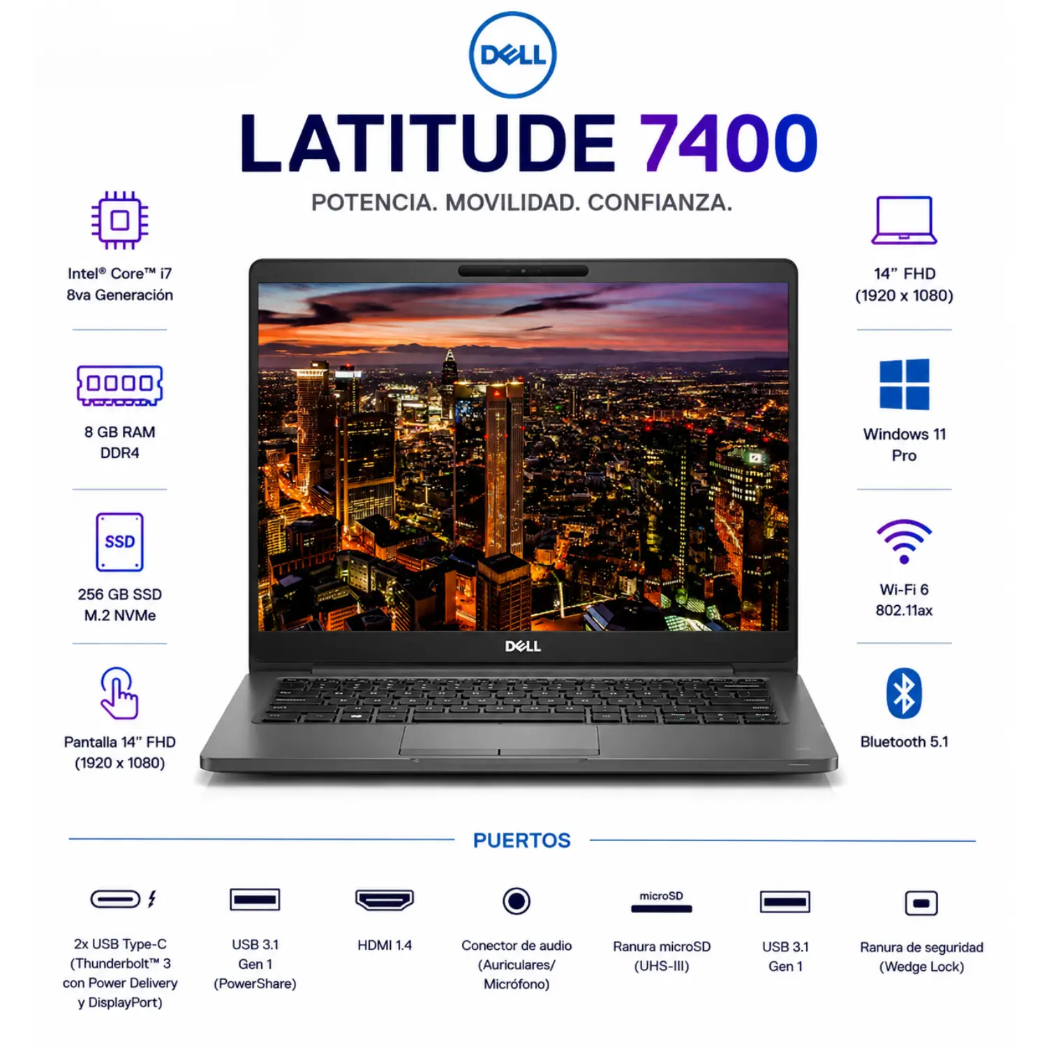[DE7400-I7-8-256/RFB] Dell Latitude 7400 14" FHD Intel Core i7 8GB RAM 256GB SSD Windows 11 (Reacondicionado) 