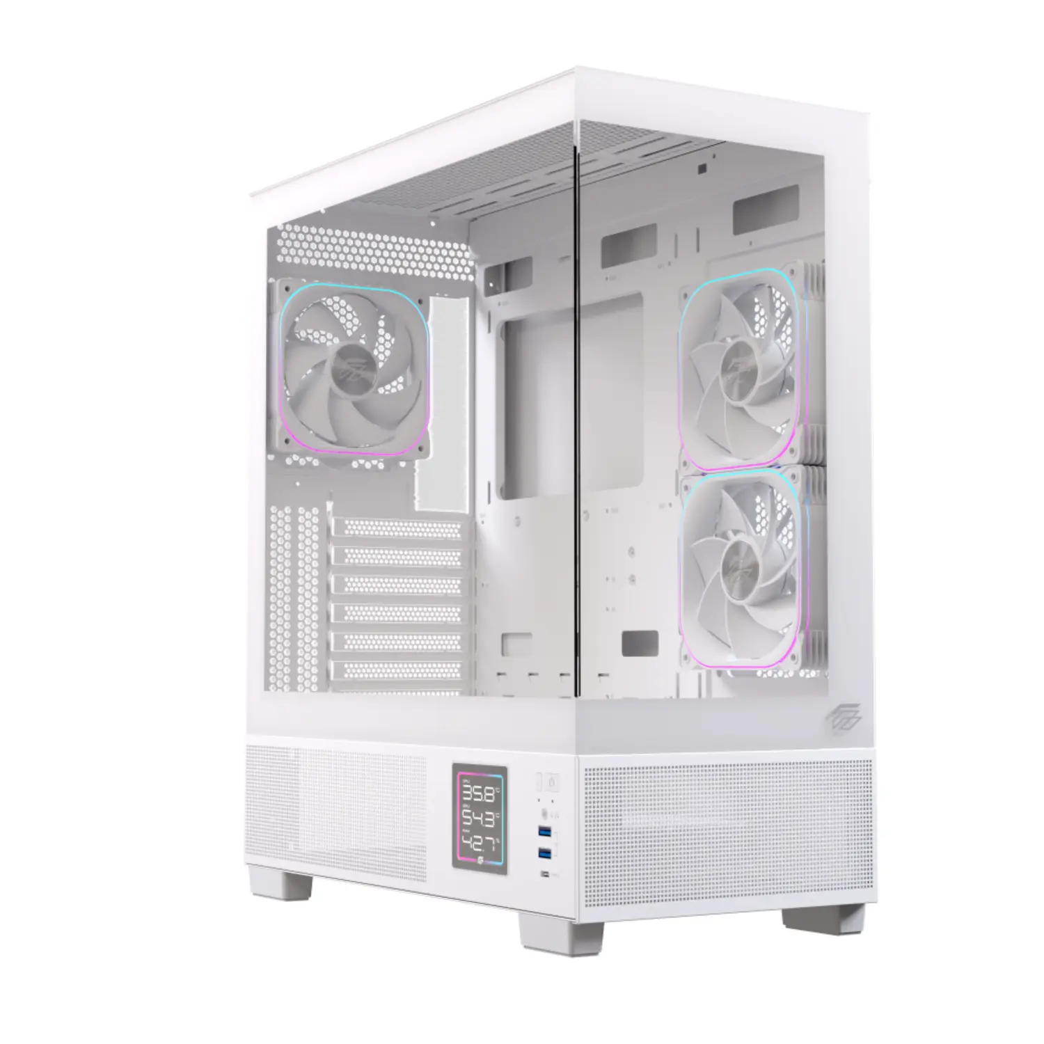 [EXCS-PR-51DR-W/NEW] Gabinete EINAREX Prisma S501D White - Pantalla LCD Monitoreo Temps - ATX - Cristal Templado Dual - 3 Fans RGB