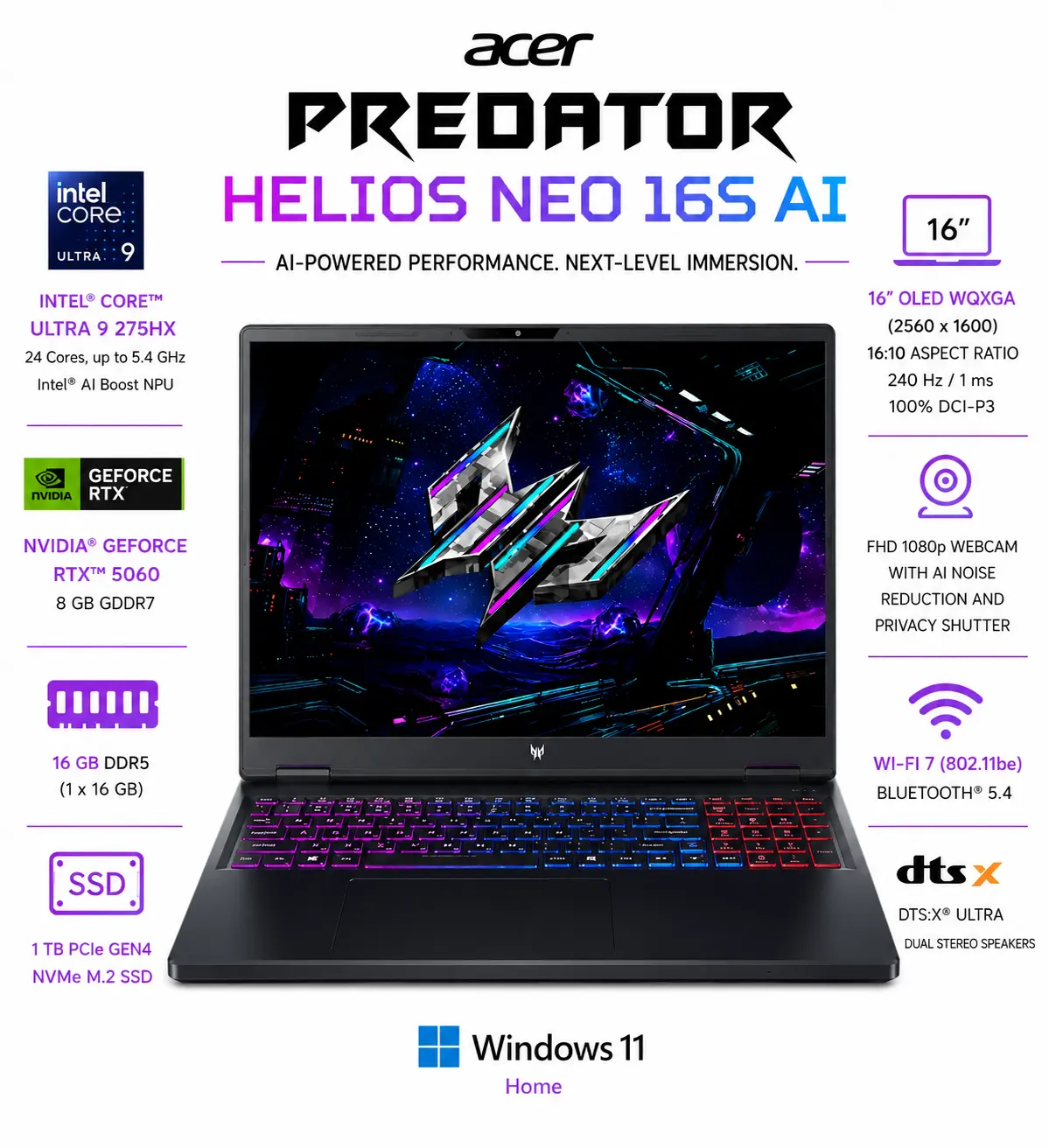 [NH.U0MAA.001/NEW] Acer - Predator Helios Neo 16S AI Gaming Laptop - 16" OLED 240Hz - Intel Core Ultra 9 - NVIDIA GeForce RTX 5070Ti  - 16GB - 1TB - Obsidian Black